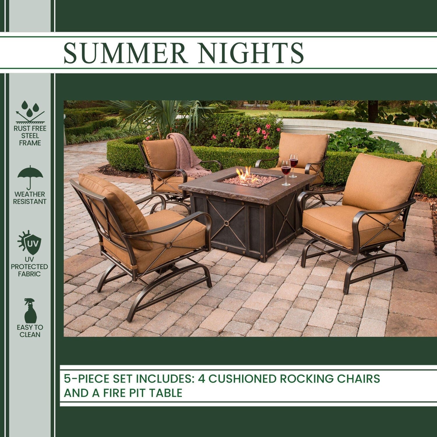 Hanover Fire Pit Chat Set Hanover - Summer Nights 5-Piece Aluminium Frame Fire Pit Lounge Set | Rust | SUMMRNGHT5PC