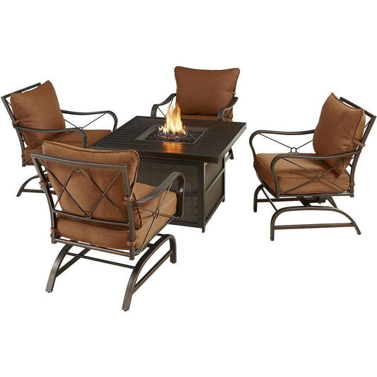 Hanover Fire Pit Chat Set Hanover - SummerNights5pc Fire Pit: 4 Cushion Rockers, 38" Square Slat Top Fire Pit