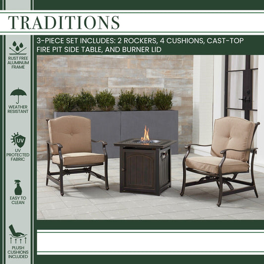 Hanover Fire Pit Chat Set Hanover - Traditions 3-Piece Fire Pit Chat Set in Natural Oat/Bronze with 2 Cushioned Rockers and a 26-In. Square Fire Pit Side Table | TRAD3PCFPSQ-TAN