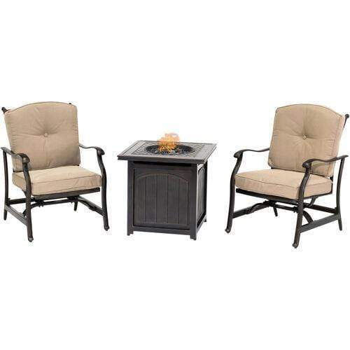 Hanover Fire Pit Chat Set Hanover - Traditions 3-Piece Fire Pit Chat Set in Natural Oat with 2 Cushioned Rockers and a 26-In. Square Fire Pit Side Table