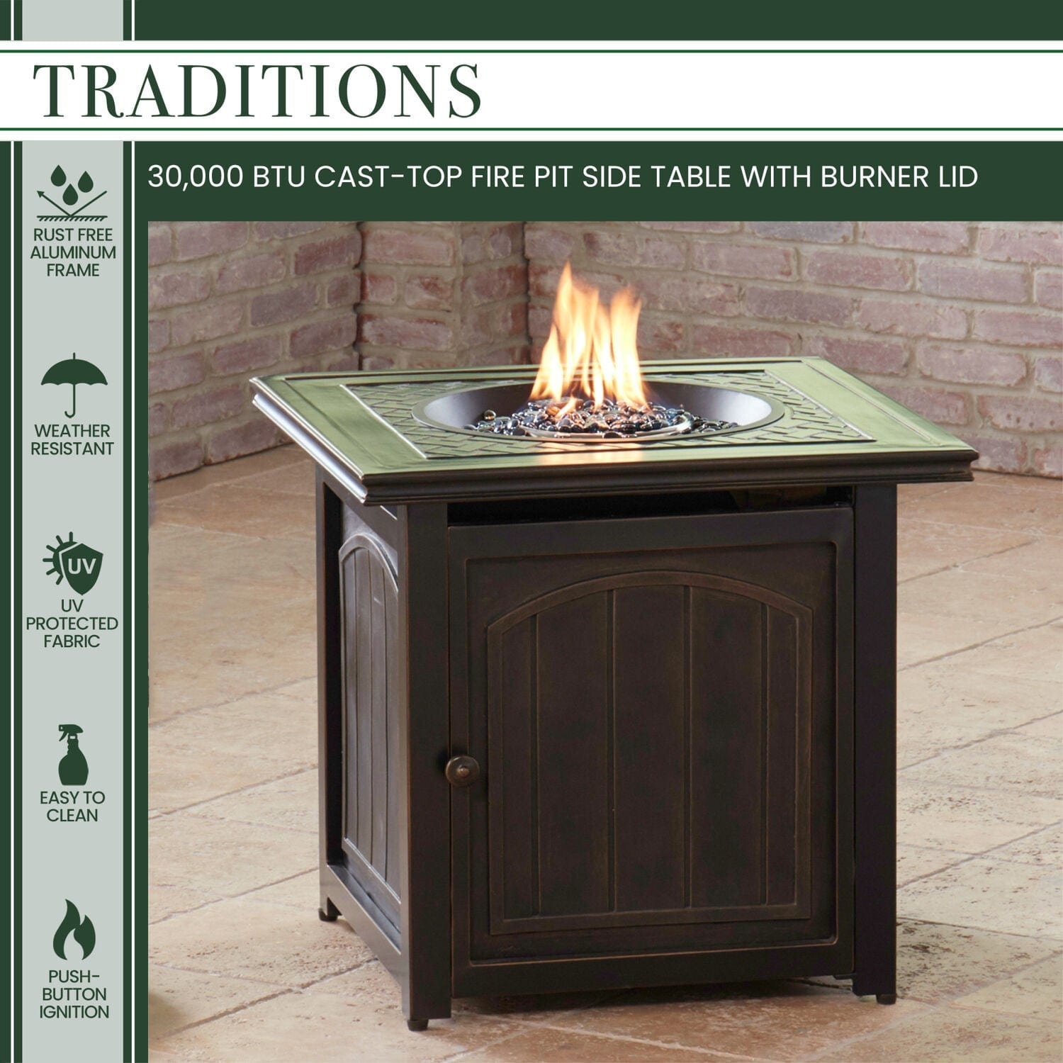 Hanover Fire Pit Chat Set Hanover - Traditions 5-Piece Aluminium Frame Fire Pit Chat Set in Natural Oat with 4 Swivel Rockers and a 26-In. Square Fire Pit Table |  TRAD5PCSWFPSQ-TAN