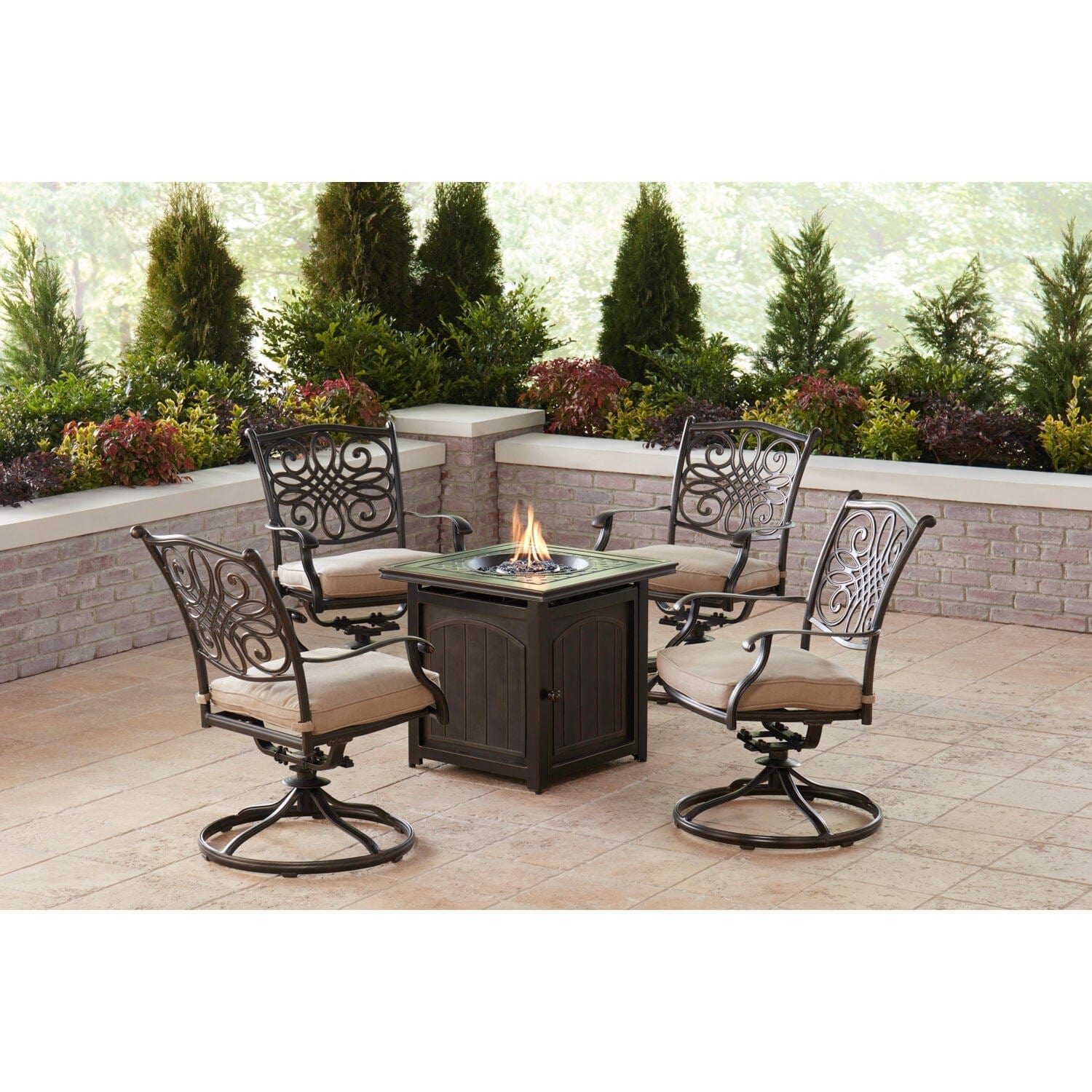 Hanover Fire Pit Chat Set Hanover - Traditions 5-Piece Aluminium Frame Fire Pit Chat Set in Natural Oat with 4 Swivel Rockers and a 26-In. Square Fire Pit Table |  TRAD5PCSWFPSQ-TAN