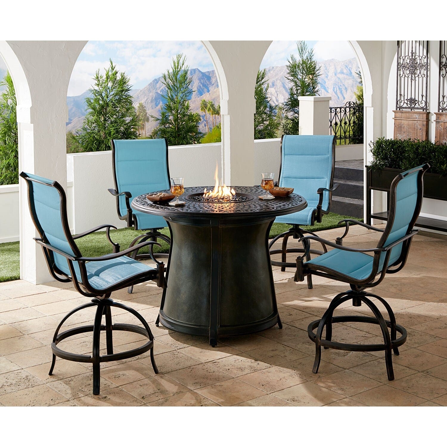 Hanover Fire Pit Chat Set Hanover Traditions 5-Piece Aluminium Frame High-Dining Set in Blue with 4 Padded Counter-Height Swivel Chairs and 40,000 BTU Cast-top Fire Pit Table | TRAD5PCPFPDRD-BR-B