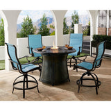 Hanover Fire Pit Chat Set Hanover Traditions 5-Piece Aluminium Frame High-Dining Set in Blue with 4 Padded Counter-Height Swivel Chairs and 40,000 BTU Cast-top Fire Pit Table | TRAD5PCPFPDRD-BR-B