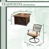 Hanover Fire Pit Chat Set Hanover - Traditions 5-Piece Aluminum Frame Fire Pit Chat Set in Natural Oat with 4 Swivel Rockers and a 40-In. Square Durastone Fire Pit Table | Tan/Bronze | TRAD5PCDSW4FP-TAN