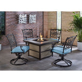 Hanover Fire Pit Chat Set Hanover - Traditions 5-Piece Aluminum Frame Fire Pit Chat Set with 4 Swivel Rockers in Blue with a 40,000 BTU Fire Pit Table | TRAD5PCSQSW4FP-BLU