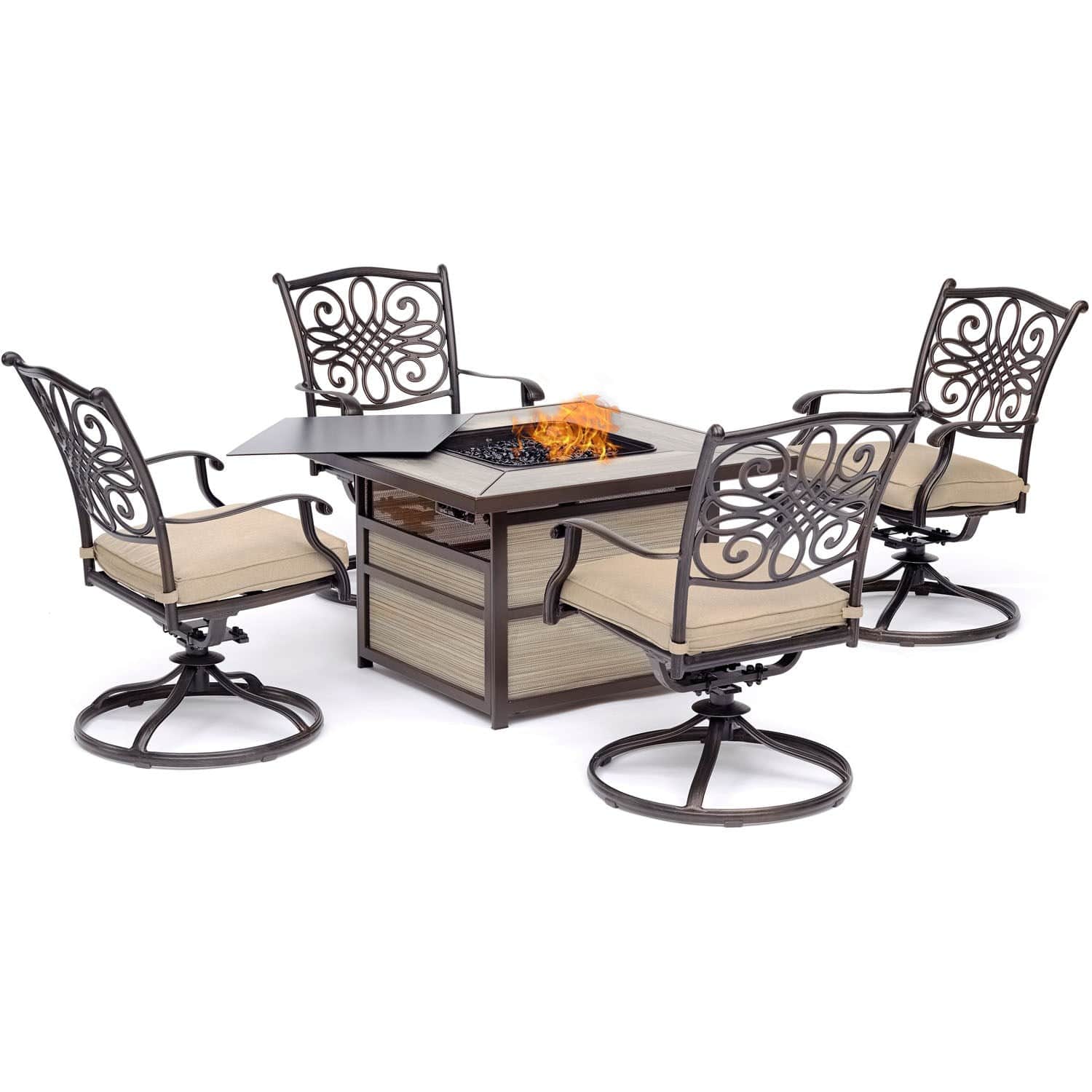 Hanover Fire Pit Chat Set Hanover - Traditions 5-Piece Aluminum Frame Fire Pit Chat Set with 4 Swivel Rockers in Tan with a 40,000 BTU Fire Pit Table | TRAD5PCSQSW4FP-TAN