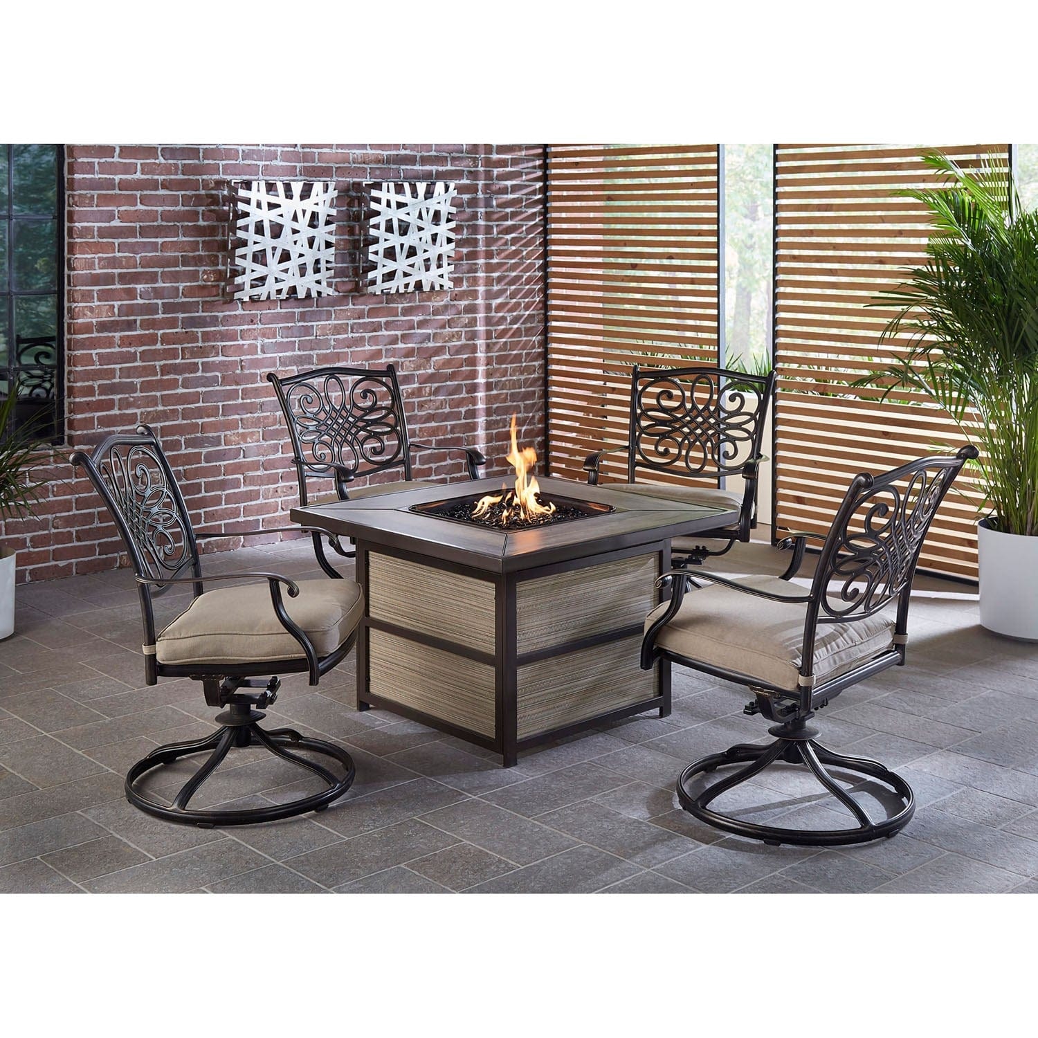 Hanover Fire Pit Chat Set Hanover - Traditions 5-Piece Aluminum Frame Fire Pit Chat Set with 4 Swivel Rockers in Tan with a 40,000 BTU Fire Pit Table | TRAD5PCSQSW4FP-TAN