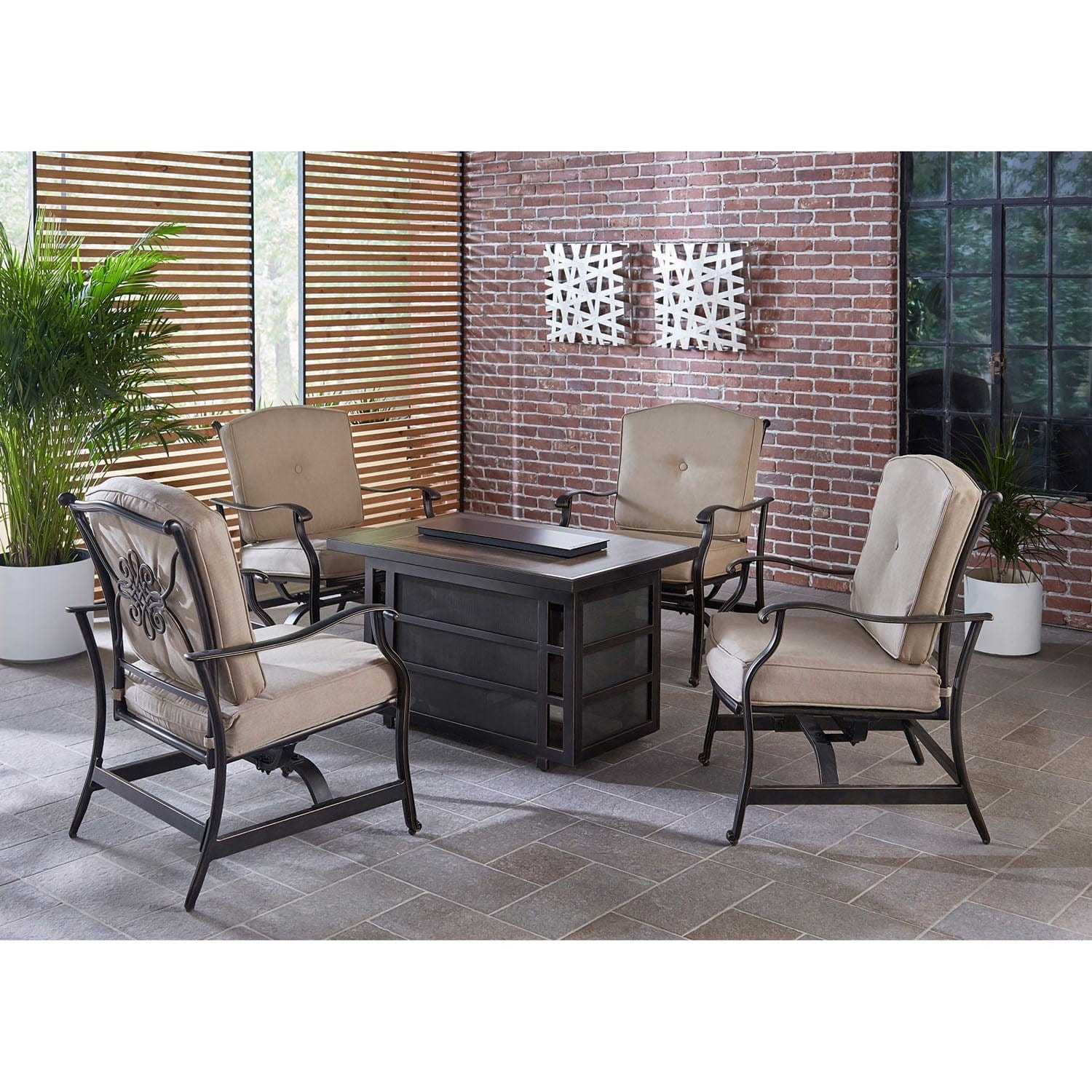 Hanover Fire Pit Chat Set Hanover - Traditions 5-Piece Aluminum Frame Seating Set in Tan with a 30,000 BTU Fire Pit Table | TRAD5PCRECFP-TAN