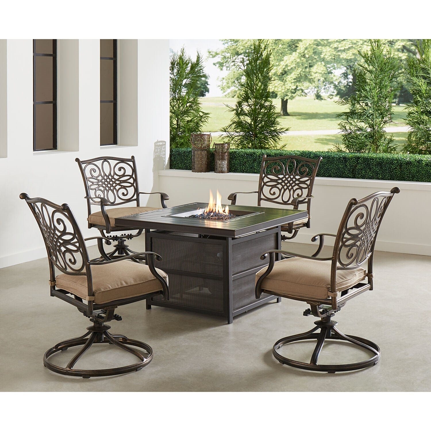 Hanover Fire Pit Chat Set Hanover Traditions 5-Piece Aluminum Frames Fire Pit Chat Set with Four Swivel Rockers in Tan and 38-in. 30,000 BTU Slat-Top Gas Fire Pit Table | Tan/Bronze | TRAD5PCSLSW4FP-TAN