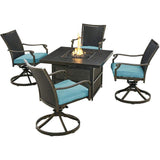 Hanover Fire Pit Chat Set Hanover Traditions 5-Piece Chat Set with Four Wicker Back Swivel Rockers in Blue and 38-in. 30,000 BTU Slat-Top Gas Fire Pit Table
