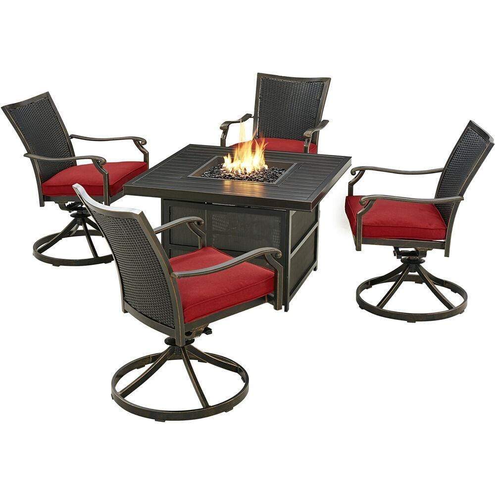 Hanover Fire Pit Chat Set Hanover Traditions 5-Piece Chat Set with Four Wicker Back Swivel Rockers in Red and 38-in. 30,000 BTU Slat-Top Gas Fire Pit Table