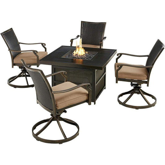 Hanover Fire Pit Chat Set Hanover Traditions 5-Piece Chat Set with Four Wicker Back Swivel Rockers in Tan and 38-in. 30,000 BTU Slat-Top Gas Fire Pit Table