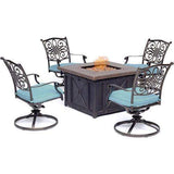 Hanover Fire Pit Chat Set Hanover - Traditions 5-Piece Fire Pit Chat Set in Blue with 4 Swivel Rockers and a 40-In. Square Durastone Fire Pit Table
