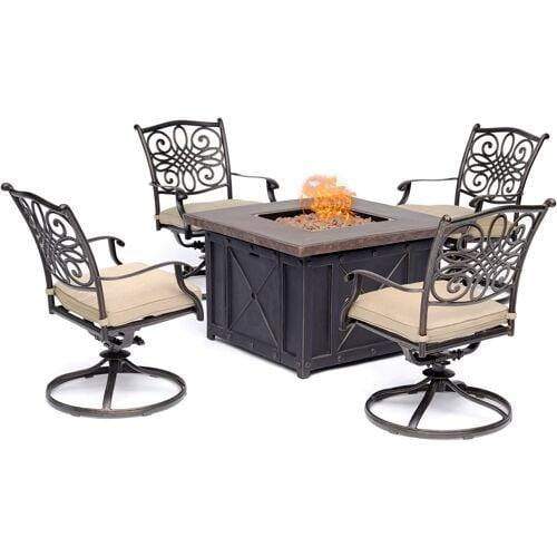 Hanover Fire Pit Chat Set Hanover - Traditions 5-Piece Fire Pit Chat Set in Natural Oat with 4 Swivel Rockers and a 40-In. Square Durastone Fire Pit Table