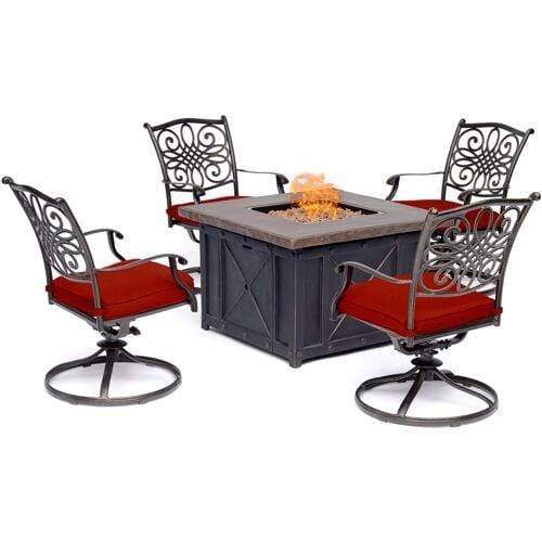 Hanover Fire Pit Chat Set Hanover - Traditions 5-Piece Fire Pit Chat Set in Red with 4 Swivel Rockers and a 40-In. Square Durastone Fire Pit Table