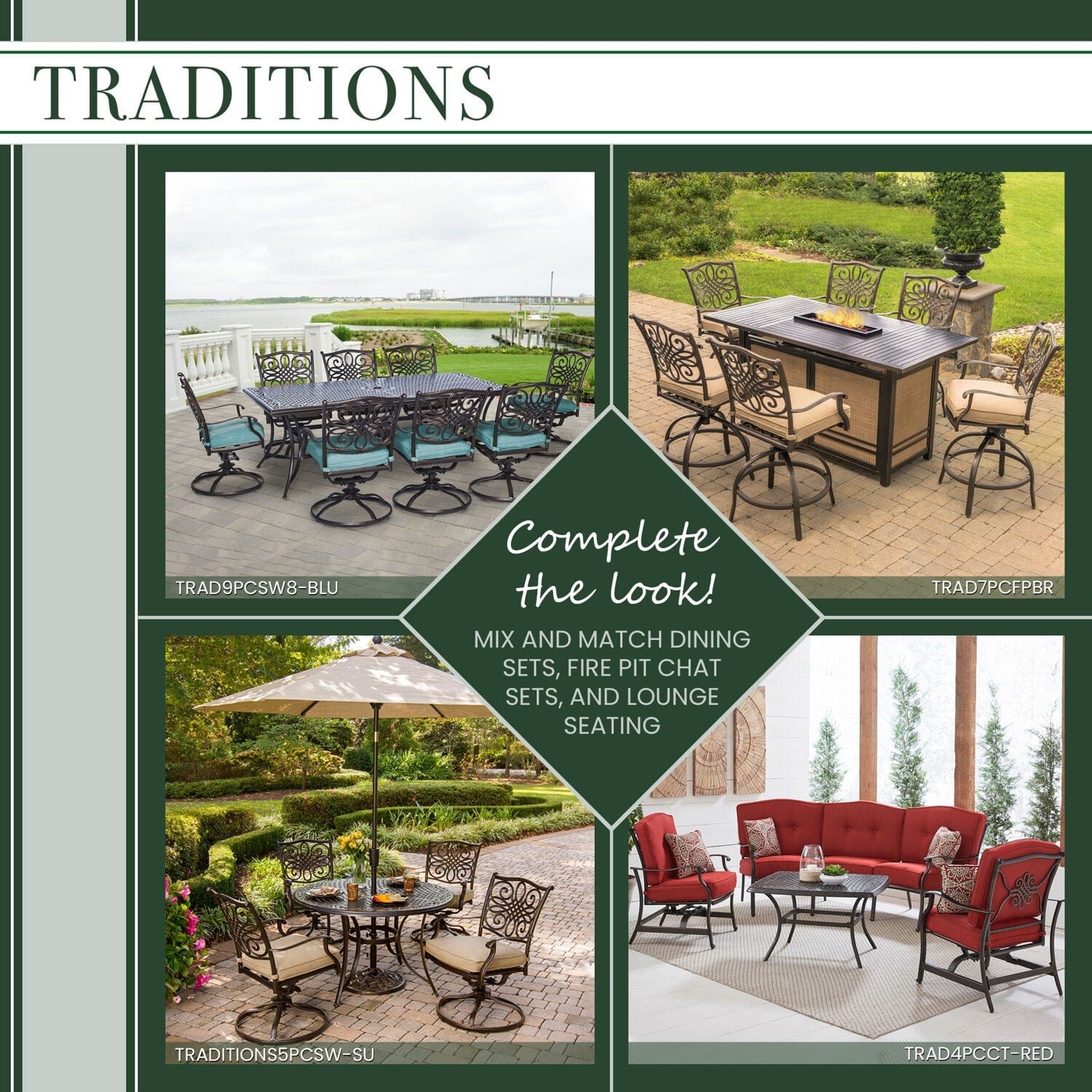 Hanover Fire Pit Chat Set Hanover - Traditions 5-Piece Fire Pit Chat Set in Red with 4 Swivel Rockers and a 40-In. Square Durastone Fire Pit Table