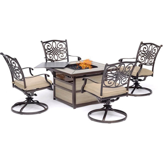 Hanover Fire Pit Chat Set Hanover - Traditions 5-Piece Fire Pit Chat Set with 4 Swivel Rockers in Tan with a 40,000 BTU Fire Pit Table