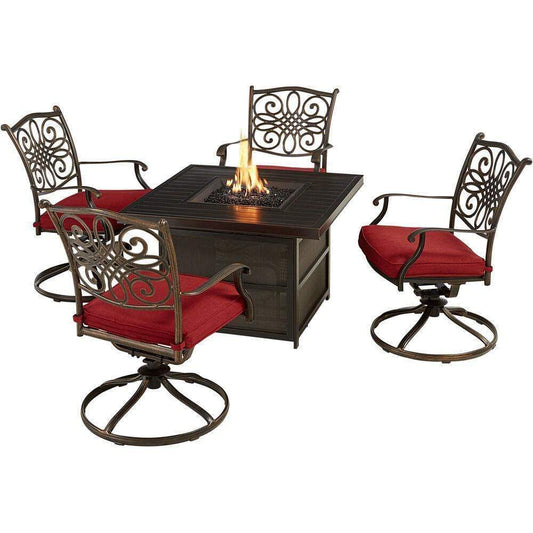 Hanover Fire Pit Chat Set Hanover Traditions 5-Piece Fire Pit Chat Set with Four Swivel Rockers in Red and 38-in. 30,000 BTU Slat-Top Gas Fire Pit Table - TRAD5PCSLSW4FP-RED