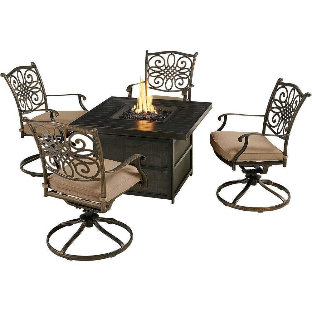 Hanover Fire Pit Chat Set Hanover Traditions 5-Piece Fire Pit Chat Set with Four Swivel Rockers in Tan and 38-in. 30,000 BTU Slat-Top Gas Fire Pit Table