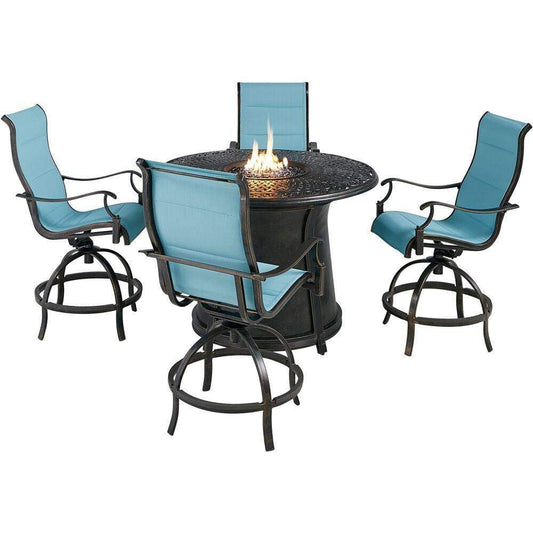 Hanover Fire Pit Chat Set Hanover Traditions 5-Piece High-Dining Set in Blue with 4 Padded Counter-Height Swivel Chairs and 40,000 BTU Cast-top Fire Pit Table