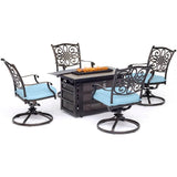Hanover Fire Pit Chat Set Hanover Traditions 5-Piece Seating Set in Blue with a 30,000 BTU Fire Pit Table and 4 Swivel Rockers, TRAD5PCRECSW4FP-BLU