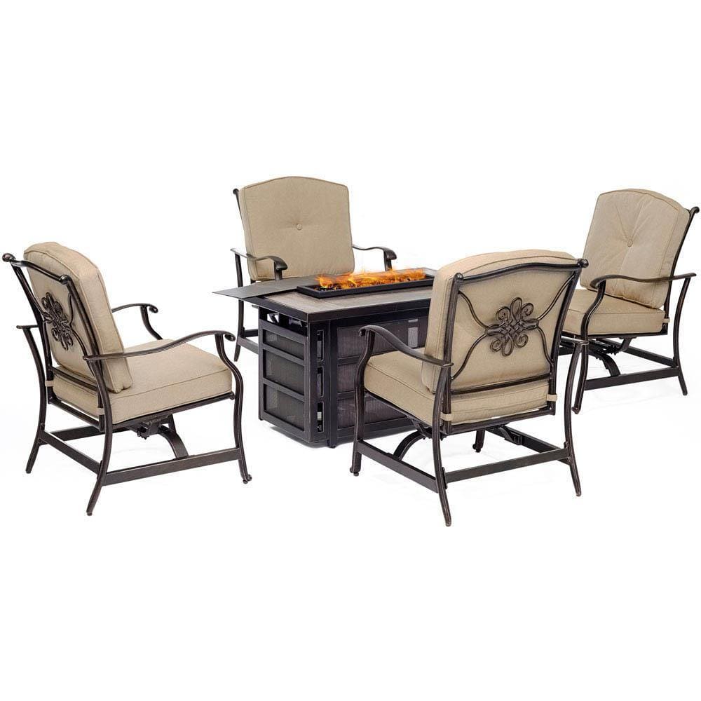 Hanover Fire Pit Chat Set Hanover - Traditions 5-Piece Seating Set in Tan with a 30,000 BTU Fire Pit Table