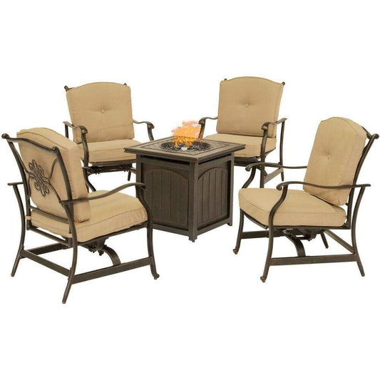 Hanover Fire Pit Chat Set Hanover - Traditions5pc: 4 Deep Seating Rkrs and 26" Square Fire Pit