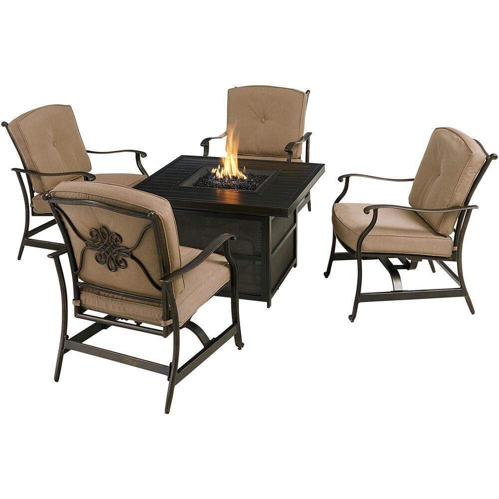 Hanover Fire Pit Chat Set Hanover - Traditions5pc Fire Pit: 4 Deep Seating Rockers, 38" Square Slat Top Fire Pit