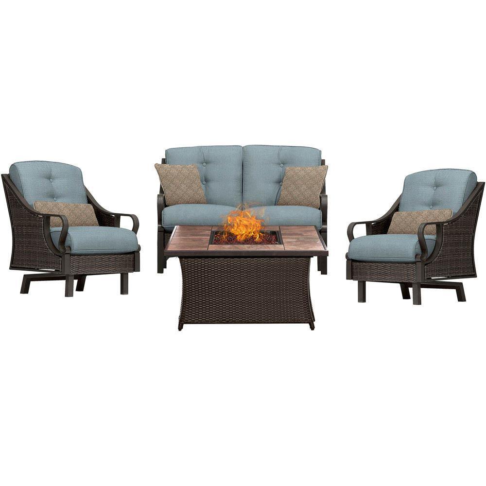Hanover Fire Pit Chat Set Hanover - Ventura 4-Piece Fire Pit Chat Set in Ocean Blue