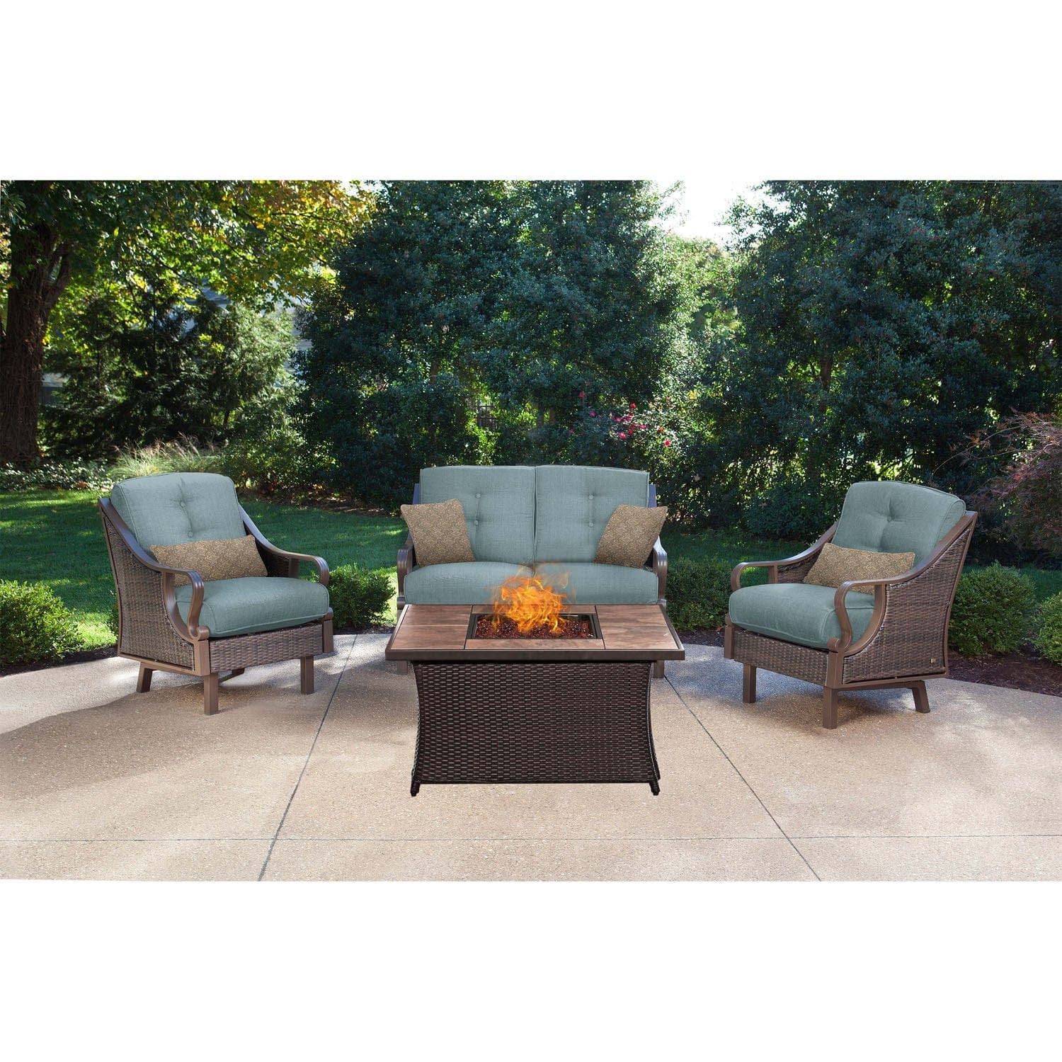Hanover Fire Pit Chat Set Hanover - Ventura 4-Piece Fire Pit Chat Set | with Tan Tile Top | Brown/Blue | VEN4PCFP-BLU-TN