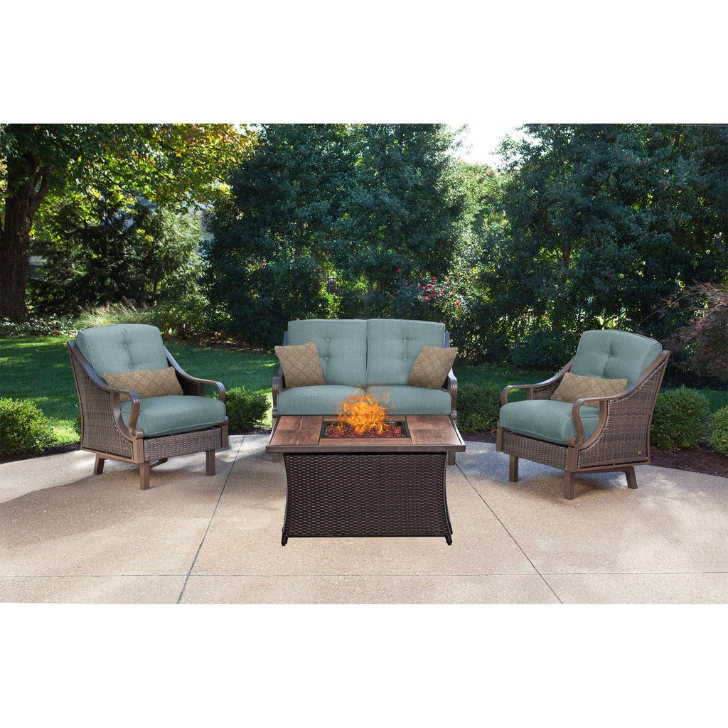 Hanover Ventura 4Piece Fire Pit Chat Set with Wood Grain Tile Top