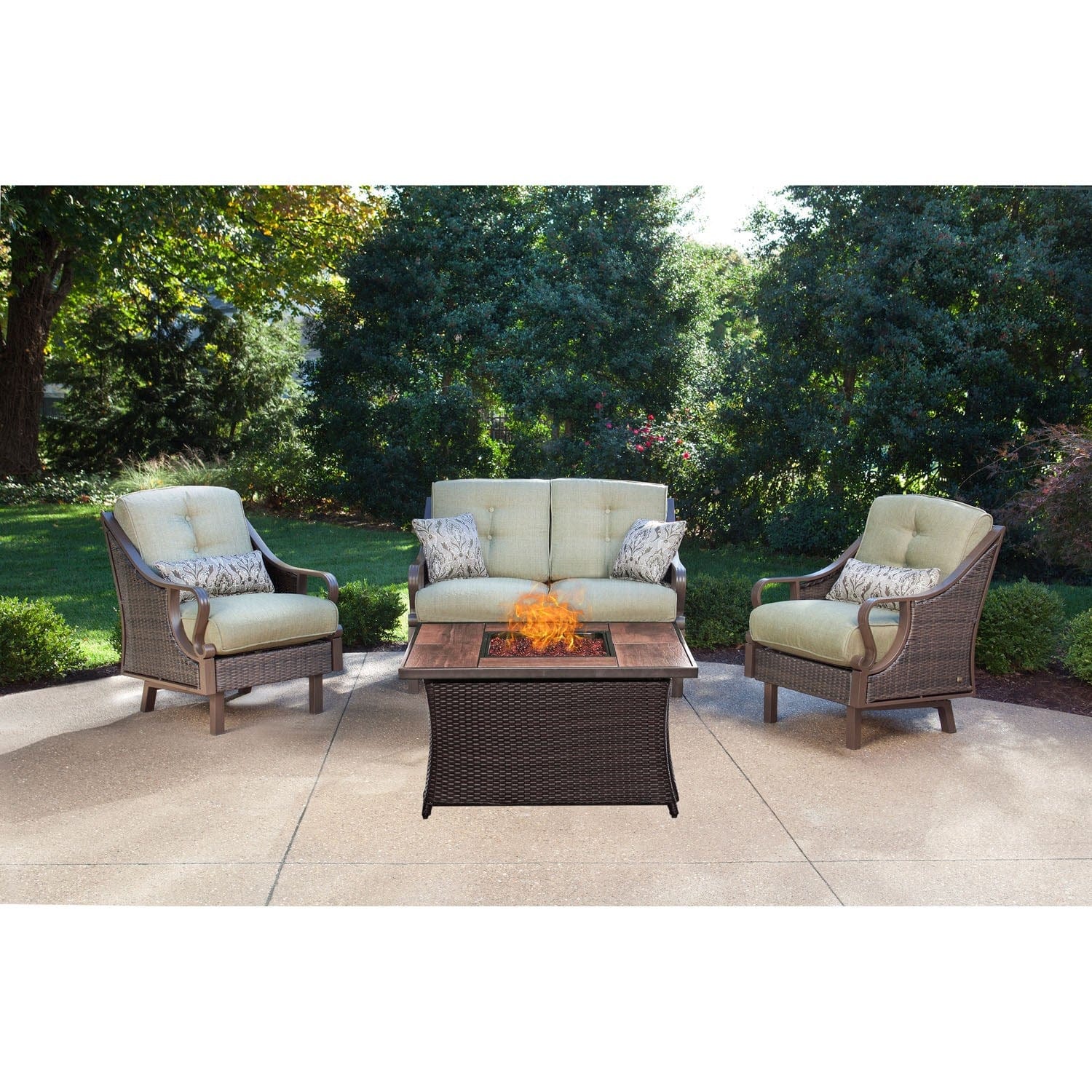 Hanover Fire Pit Chat Set Hanover - Ventura 4-Piece Fire Pit Chat Set | with Wood Grain Tile Top | Brown/Meadow Green | VEN4PCFP-GRN-WG