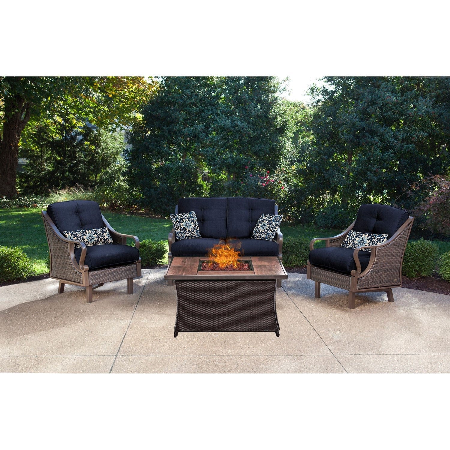 Hanover Fire Pit Chat Set Hanover - Ventura 4-Piece Fire Pit Chat Set | with Wood Grain Tile Top | Brown/Navy | VEN4PCFP-NVY-WG