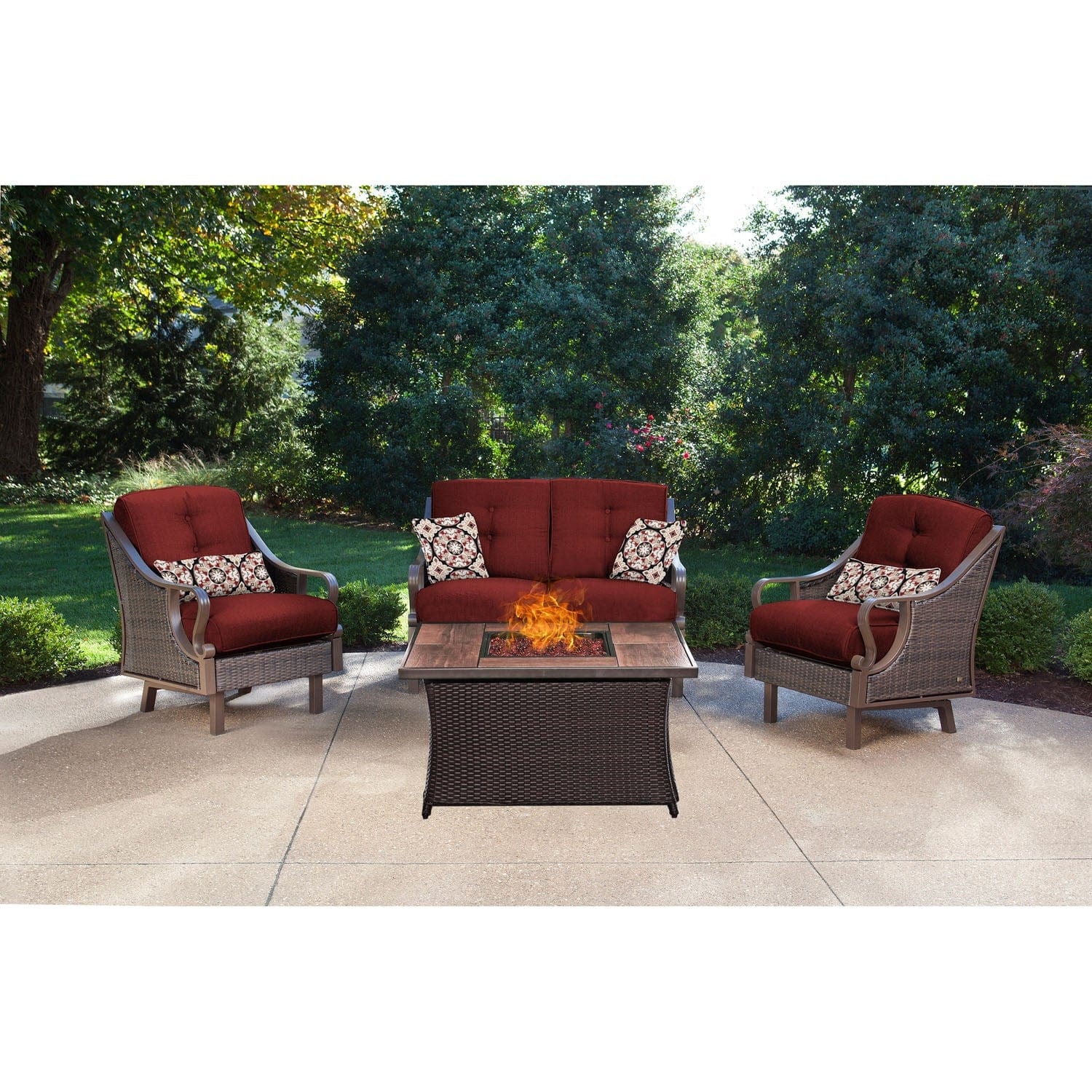 Hanover Fire Pit Chat Set Hanover - Ventura 4-Piece Fire Pit Chat Set | with Wood Grain Tile Top | Brown/Red | VEN4PCFP-RED-WG