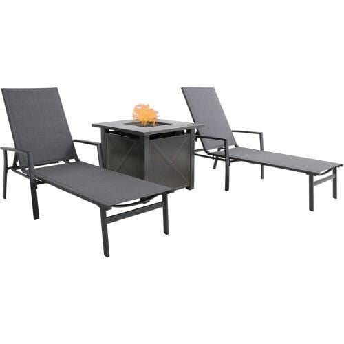 Hanover Fire Pit Chat Set Naples 3-Piece Chaise Lounge Set featuring a 40,000 BTU Tile-Top Fire Pit Table with Burner Cover Gray Frame/ Gray Sling