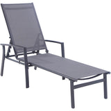Hanover Fire Pit Chat Set Naples 3-Piece Chaise Lounge Set featuring a 40,000 BTU Tile-Top Fire Pit Table with Burner Cover Gray Frame/ Gray Sling | NAPCHS3PCFP-GRY
