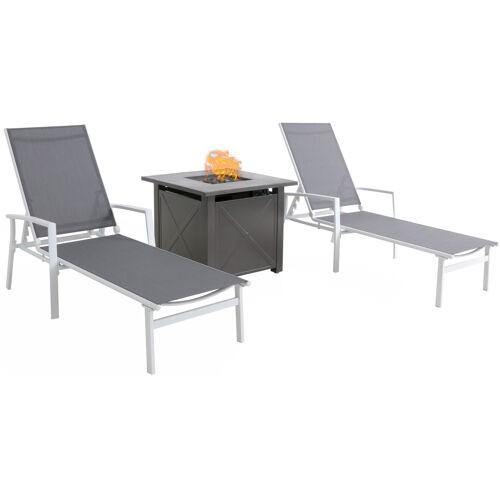 Hanover Fire Pit Chat Set Naples 3-Piece Chaise Lounge Set featuring a 40,000 BTU Tile-Top Fire Pit Table with Burner Cover, White Frame / Gray Sling