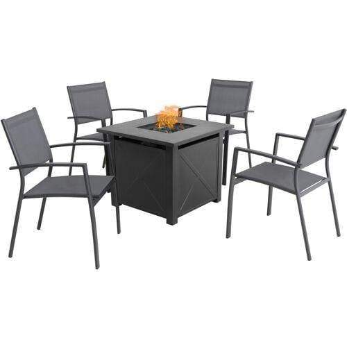 Hanover Fire Pit Chat Set Naples 5-Piece Fire Pit Chat Set: 4 Sling Chairs and 40,000 BTU Tile-Top Fire Pit Table w/ Burner Cover, Black/Gray