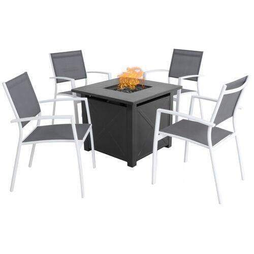 Hanover Fire Pit Chat Set Naples 5-Piece Fire Pit Chat Set: 4 Sling Chairs and 40,000 BTU Tile-Top Fire Pit Table w/ Burner Cover, White/Gray