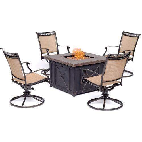 Hanover Fire Pit Dining Set Hanover - Fontana 5-Piece Fire Pit Chat Set with 4 Sling Swivel Rockers and a 40,000 BTU Gas Durastone Fire Pit Coffee Table