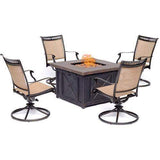 Hanover Fire Pit Dining Set Hanover - Fontana 5-Piece Fire Pit Chat Set with 4 Sling Swivel Rockers and a 40,000 BTU Gas Durastone Fire Pit Coffee Table