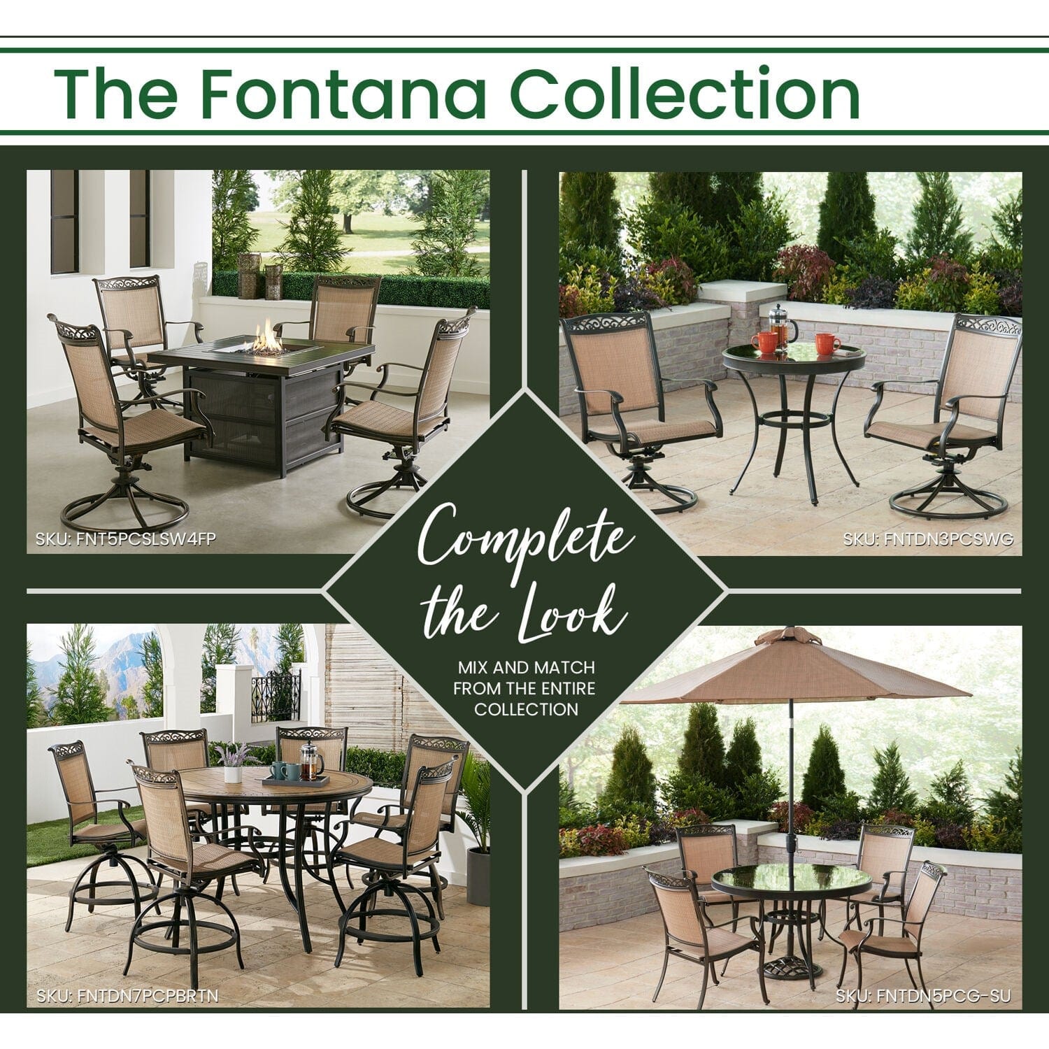 Hanover Fire Pit Dining Set Hanover Fontana 5-Piece High-Dining Set in Tan with 4 Counter-Height Swivel Chairs and a 30,000 BTU Fire Pit Dining Table | FNT5PCPFPBR