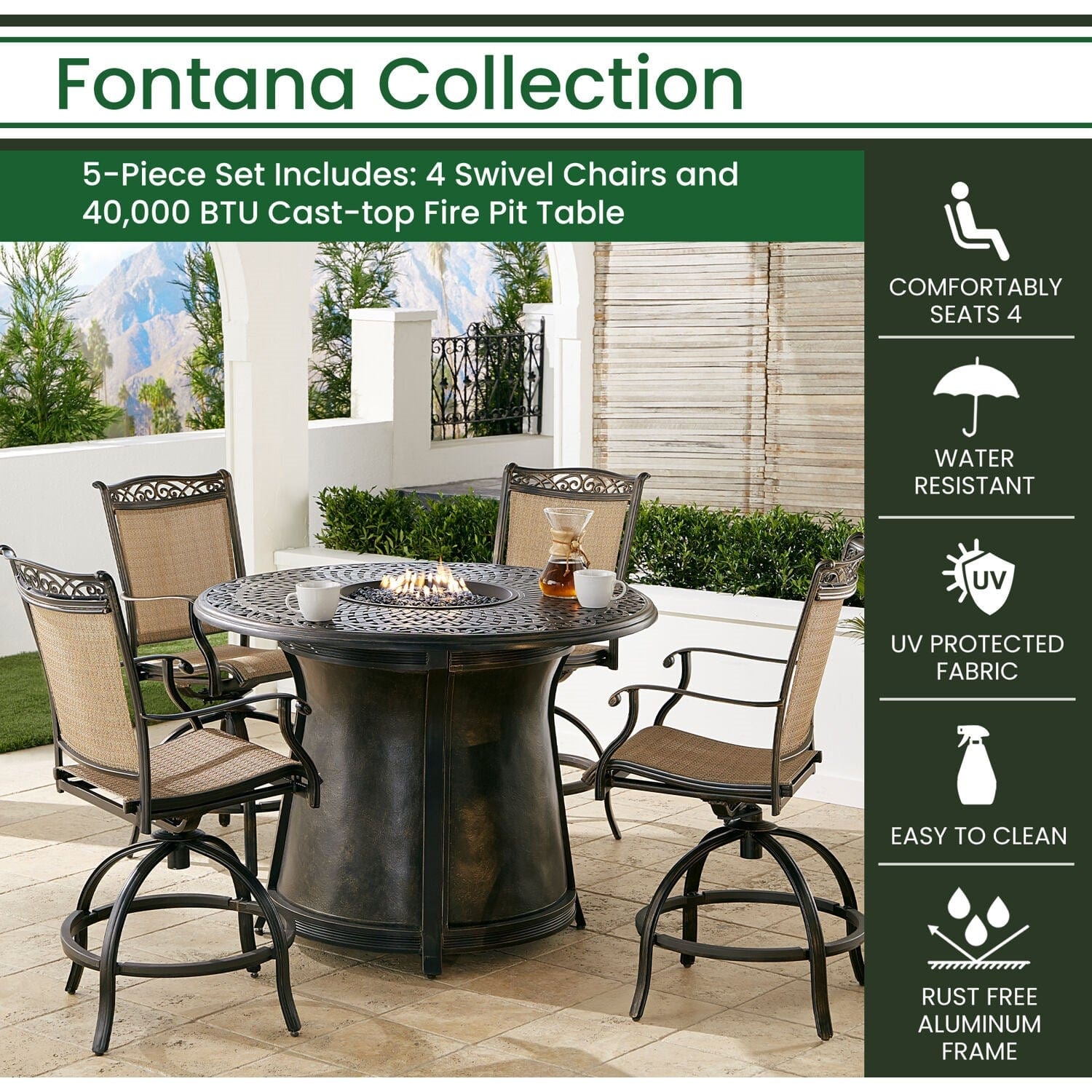 Hanover Fire Pit Dining Set Hanover Fontana 5-Piece High-Dining Set in Tan with 4 Counter-Height Swivel Chairs and a 40,000 BTU Cast-top Fire Pit Table | FNT5PCPFPRD-BR