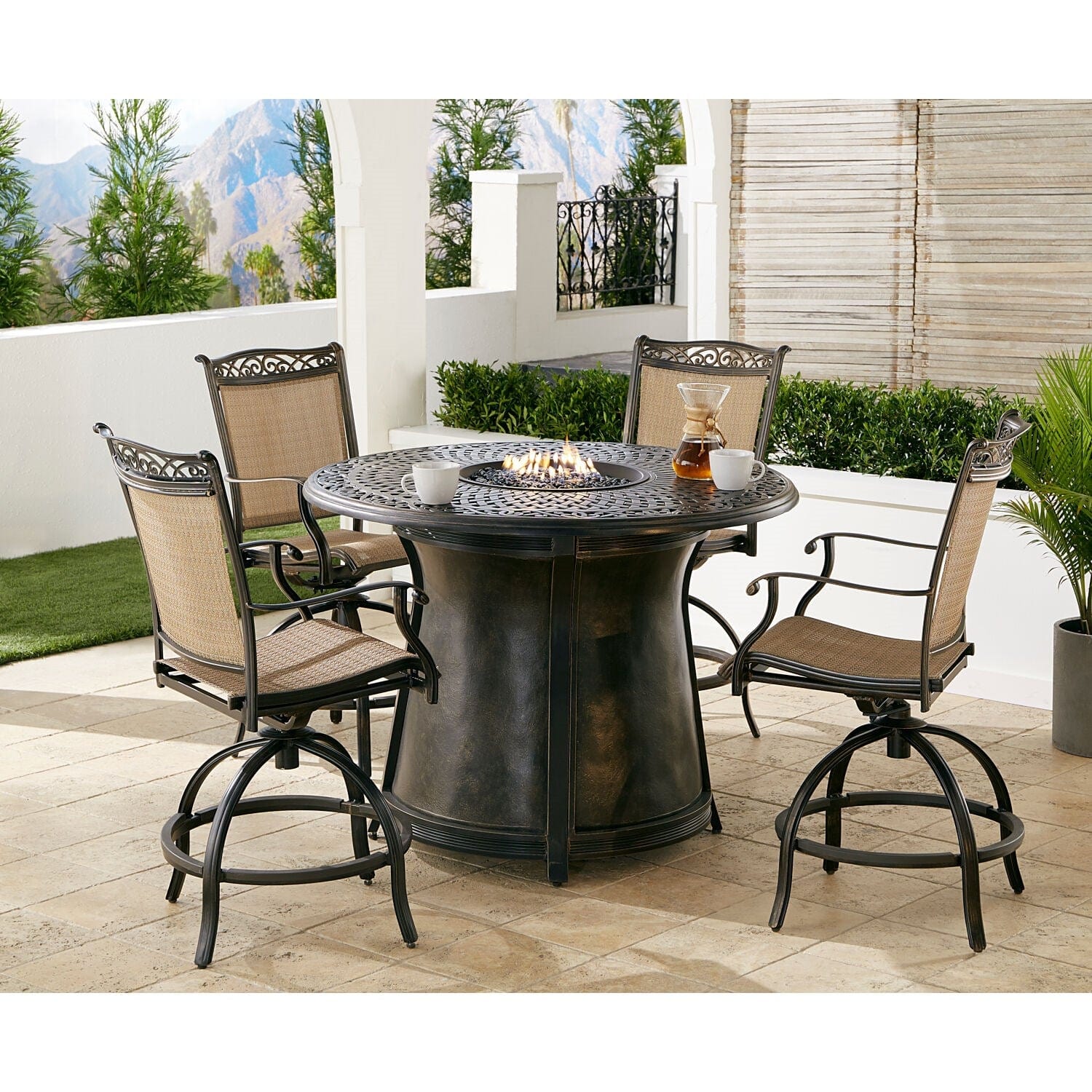 Hanover Fire Pit Dining Set Hanover Fontana 5-Piece High-Dining Set in Tan with 4 Counter-Height Swivel Chairs and a 40,000 BTU Cast-top Fire Pit Table | FNT5PCPFPRD-BR