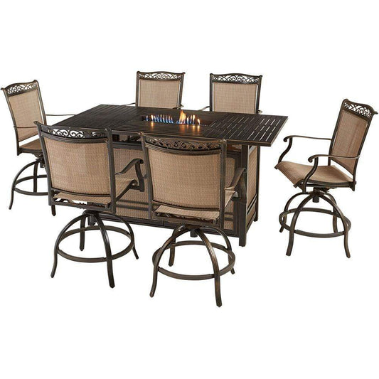 Hanover Fire Pit Dining Set Hanover Fontana 7-Piece High-Dining Set in Tan with 6 Counter-Height Swivel Chairs and a 30,000 BTU Fire Pit Dining Table,