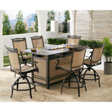 Hanover Fire Pit Dining Set Hanover Fontana 7 Piece High-Dining Set in Tan with 6 Counter-Height Swivel Chairs and a 30,000 BTU Fire Pit Dining Table | FNT7PCPFPBR