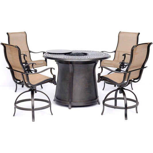 Hanover Fire Pit Dining Set Hanover - Manor 5-Piece High-Dining Set in Tan with 4 Swivel Chairs and a 40,000 BTU Cast-top Fire Pit Table