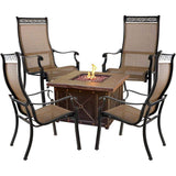 Hanover Fire Pit Dining Set Hanover Monaco 5-Piece Fire Pit Chat Set with 4 Sling Dining Chairs and a 40,000 BTU Durastone Propane Fire Pit Coffee Table