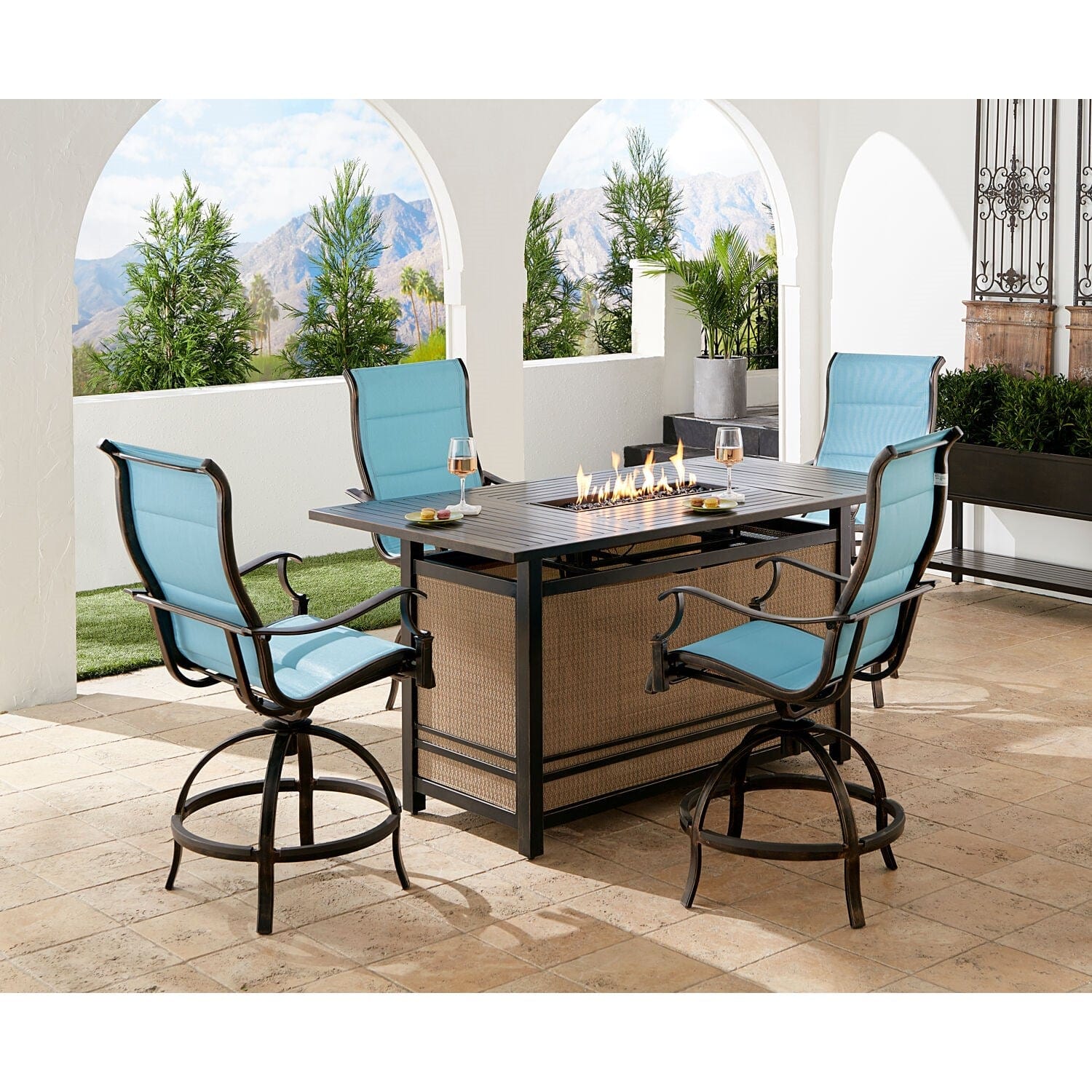 Hanover Fire Pit Dining Set Hanover Traditions 5-Piece Aluminium Frame High-Dining Set in Blue with 4 Padded Counter-Height Swivel Chairs and a 30,000 BTU Fire Pit Dining Table | TRAD5PCPFPDBR-BLU
